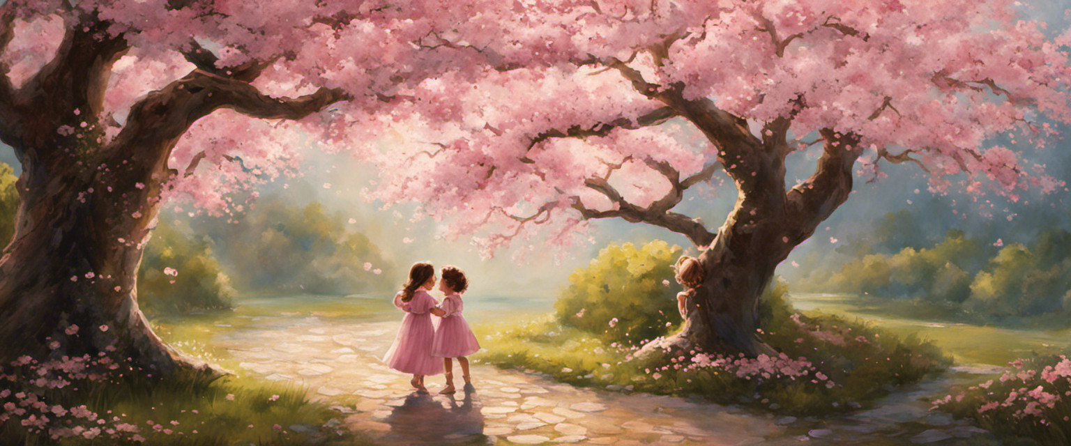An image showcasing two children, their pinkies entwined, sealing a promise under a whimsical cherry blossom tree