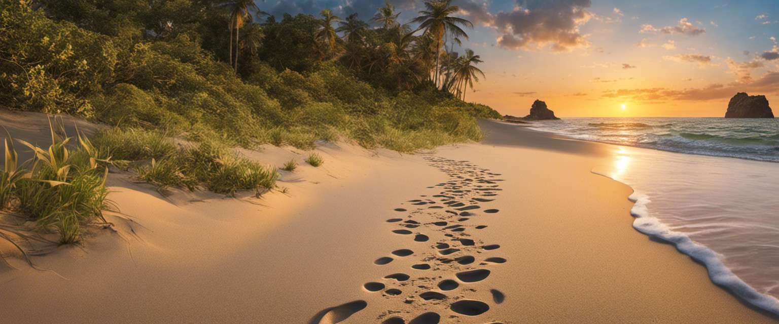 An image of a serene beach at sunset, with a trail of tiny footprints in the sand leading towards the crashing waves