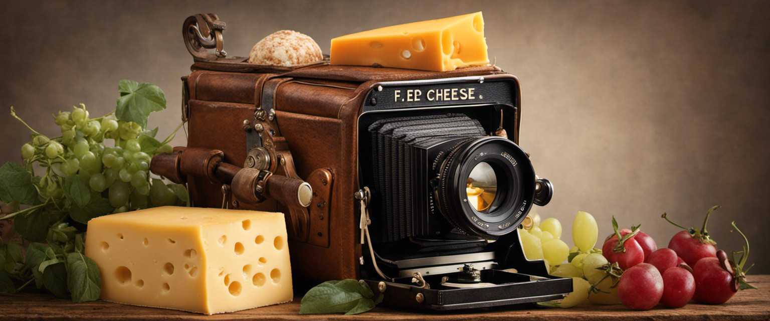 An image showcasing an antique camera with a vintage flash bulb attached, surrounded by a whimsical arrangement of cheese wedges, signifying the fascinating but ultimately useless origins of saying "cheese" before capturing moments on film