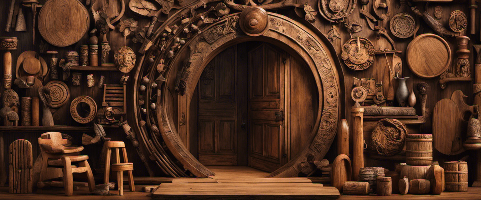 An image featuring a wooden door with a hand-shaped mark, surrounded by a circle of various wooden objects (a tree stump, a chair, a pencil), symbolizing the origins and superstitions behind the saying 'Knock on Wood