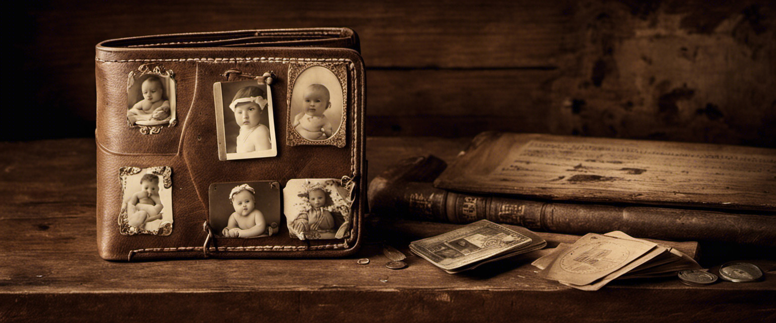 An image featuring a vintage wallet, slightly worn-out and filled with sepia-toned photographs of adorable babies