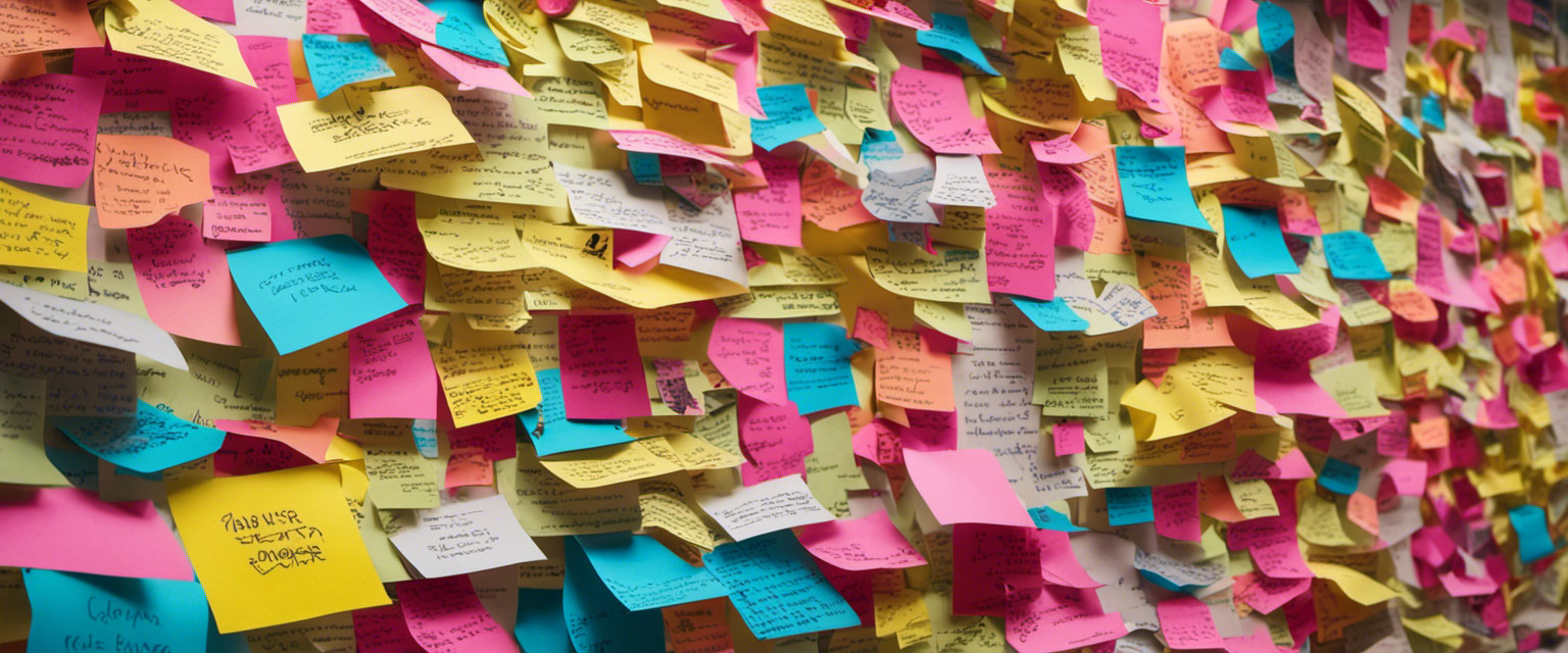 An image showcasing a chaotic battlefield of colorful sticky notes, adorned with doodles and messages, covering office cubicles, bulletin boards, and computer screens, symbolizing the playful and whimsical 'Sticky Note Wars' in office environments