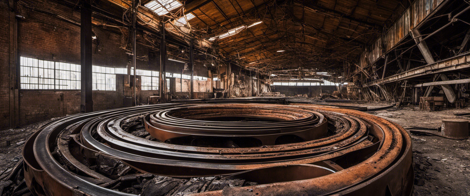 An image showcasing an abandoned factory from the 1950s, its rusted conveyor belts twisted into hula hoops