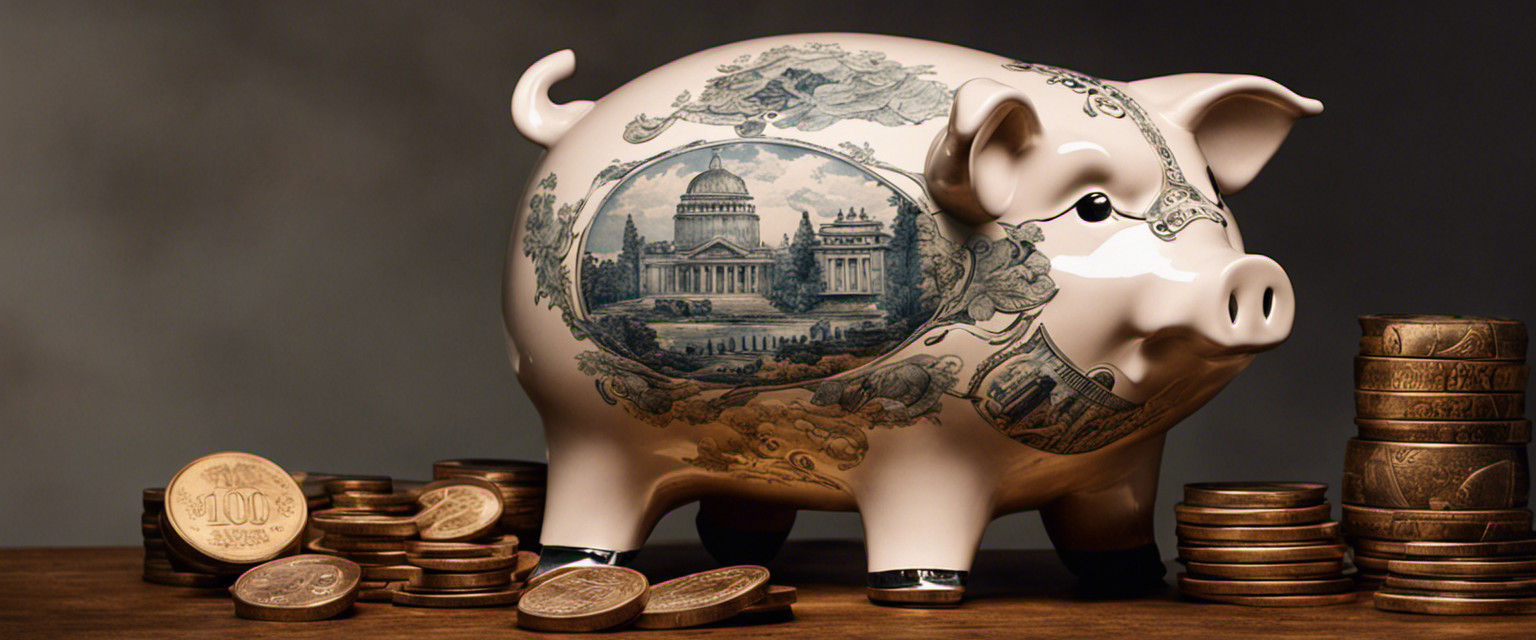 An image featuring a vintage porcelain piggy bank, perched on a stack of ancient coins, surrounded by faded pig-themed artwork, symbolizing the quirky and unimportant historical origins of this popular savings vessel