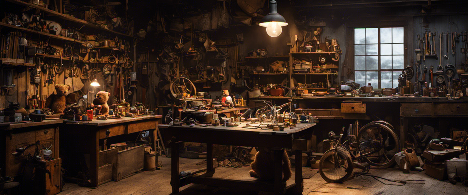 An image of a vintage workshop, dimly lit by a single hanging bulb, with discarded toy parts strewn across dusty workbenches
