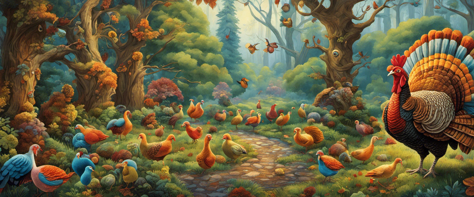 An image depicting a whimsical, fantastical forest scene where a talking turkey converses with a confused group of people, symbolizing the origins of 'gobbledygook'