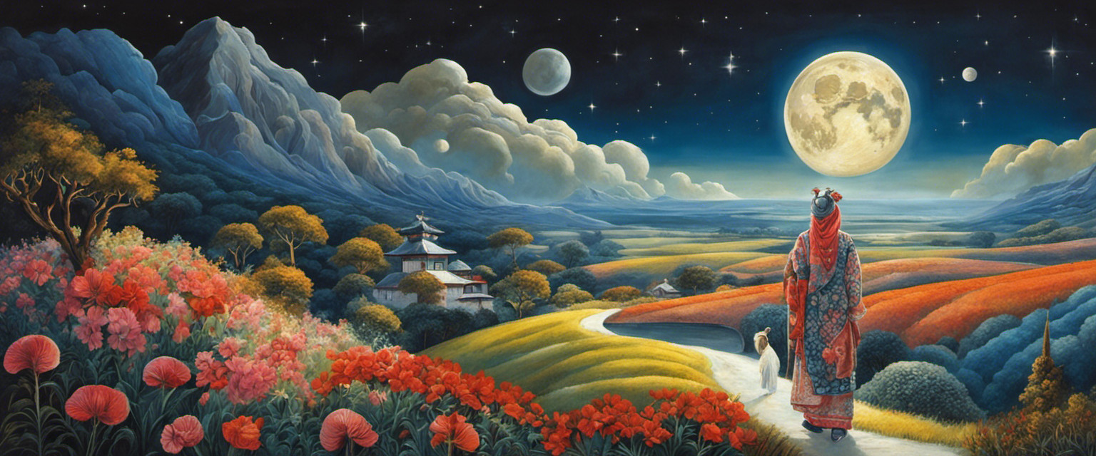 An image depicting a dreamy moonlit landscape with a whimsical figure wearing peculiar clothing, blending elements from different cultures