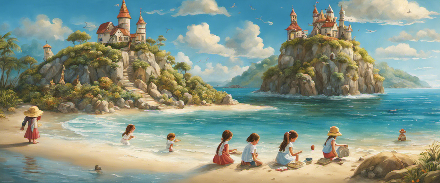 An image showcasing a whimsical shoreline with children building sandcastles, surrounded by a vast ocean