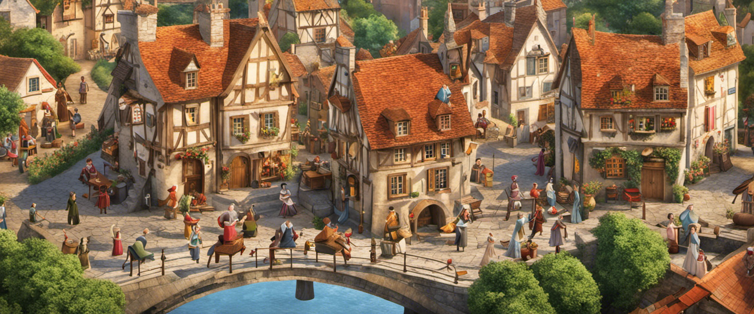 An image featuring a whimsical conductor in a vibrant, medieval village square, surrounded by curious townsfolk