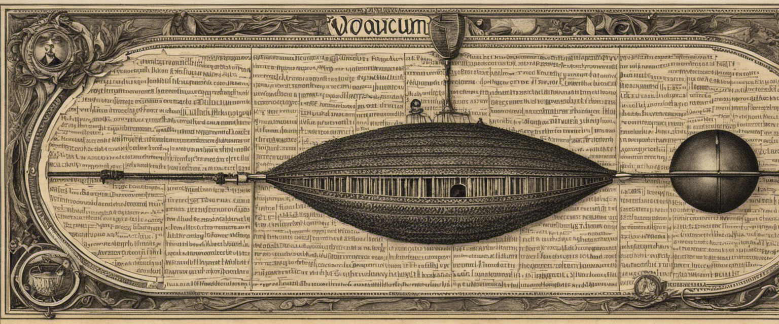 An image showcasing the etymology of the word 'vacuum,' combining a whimsical depiction of ancient Latin roots with scientific symbols representing emptiness and air pressure, all surrounded by a vintage dictionary page
