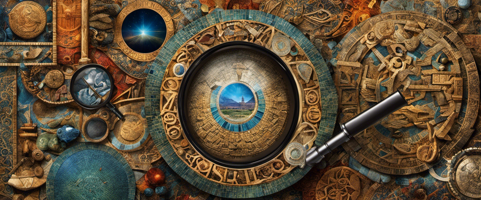 An image that depicts a vibrant, mosaic-like collage featuring ancient symbols and artifacts, interwoven with a magnifying glass highlighting the word 'Zealot