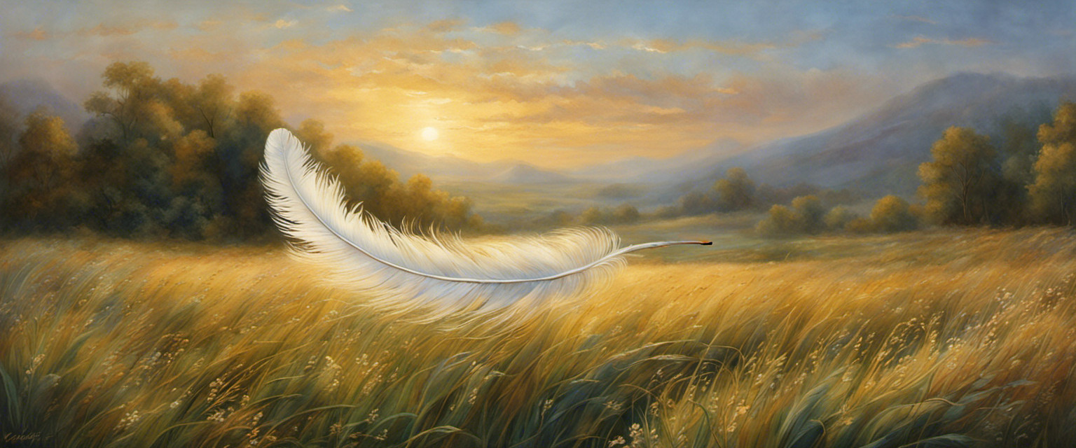 An image that captures the whimsical essence of the word 'Zephyr' by depicting a delicate feather floating through a sunlit meadow, carried by a gentle breeze, evoking a sense of ethereal tranquility