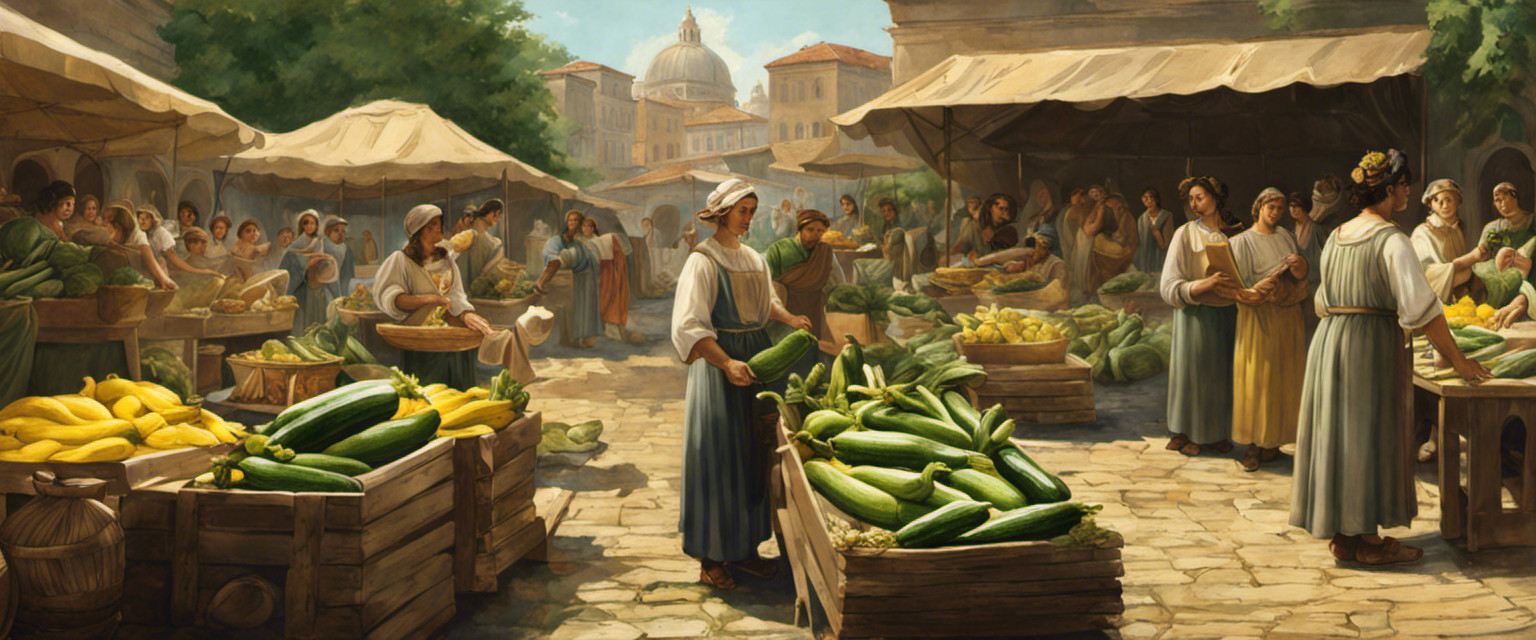 An image showcasing the etymology of 'zucchini' with an ancient Roman market scene
