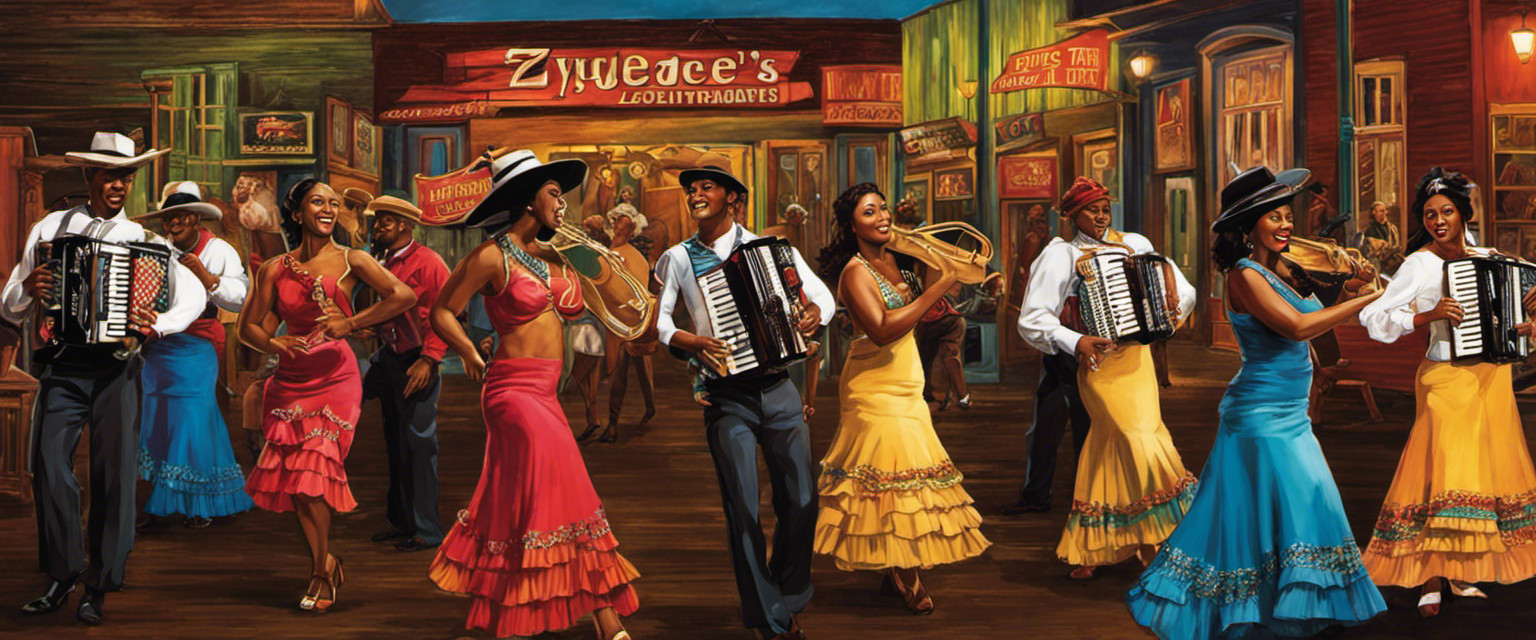 An image that captures the essence of the word 'Zydeco's origins, displaying a vibrant and lively scene filled with accordion melodies, rhythmic foot tapping, and colorful dancers immersed in the rich cultural heritage of Louisiana