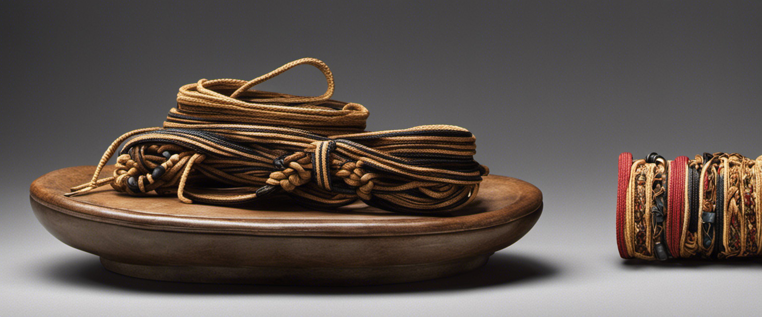 An image showcasing a pair of intricately knotted shoelaces, interwoven with historical artifacts like ancient Egyptian sandals, Greek philosophers' writings, and medieval shoemaking tools, symbolizing the absurdity of useless knowledge