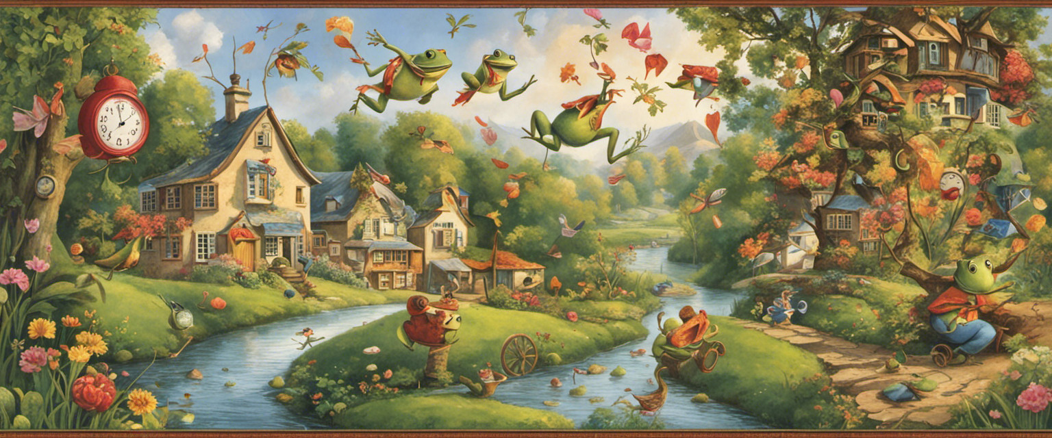 An image that depicts a whimsical scene of a calendar with exaggerated, comical quirks: leap year frogs hopping on February pages, Days of the Week juggling, and a confused clock struggling to keep up