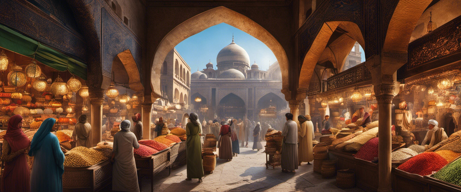 An image showcasing the bustling atmosphere of an ancient bazaar, with merchants haggling over exotic goods, vibrant textiles, spices, and precious gems, all surrounded by historic architecture and ornate archways