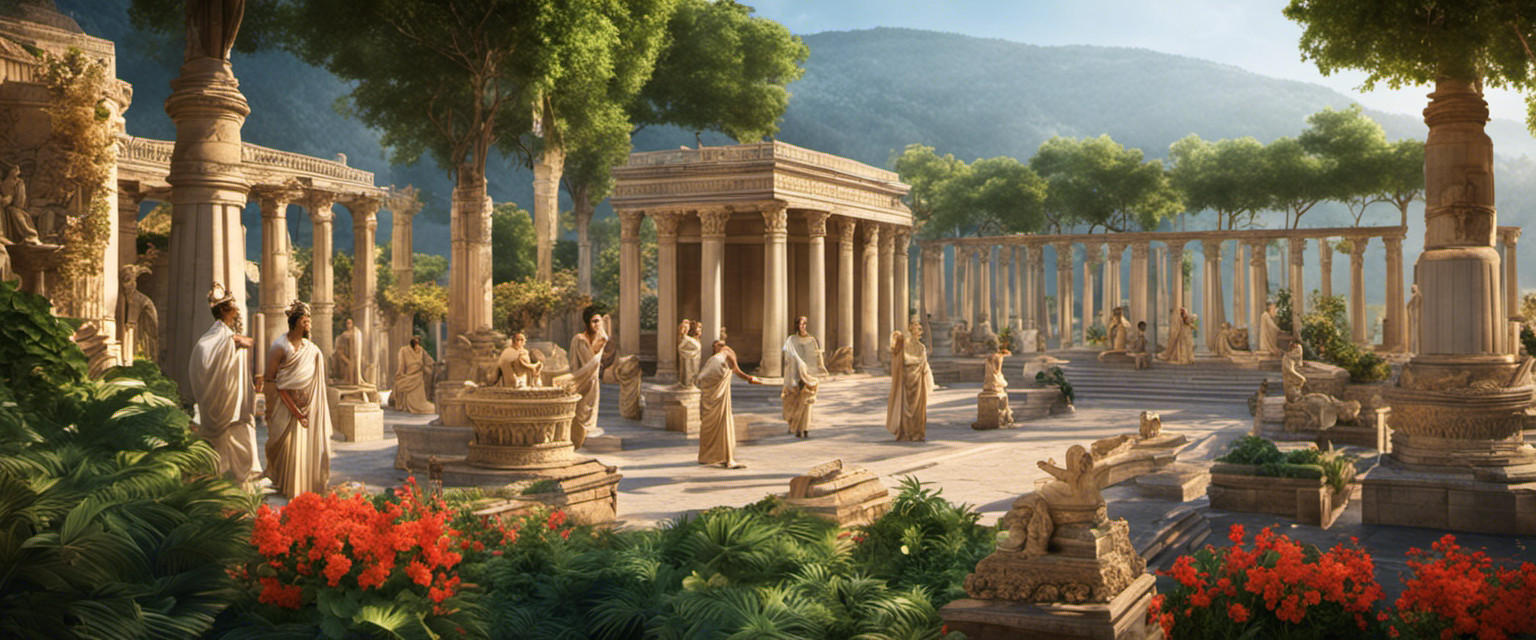 An image of an intricately paved ancient promenade, lined with marble statues and adorned with lush greenery