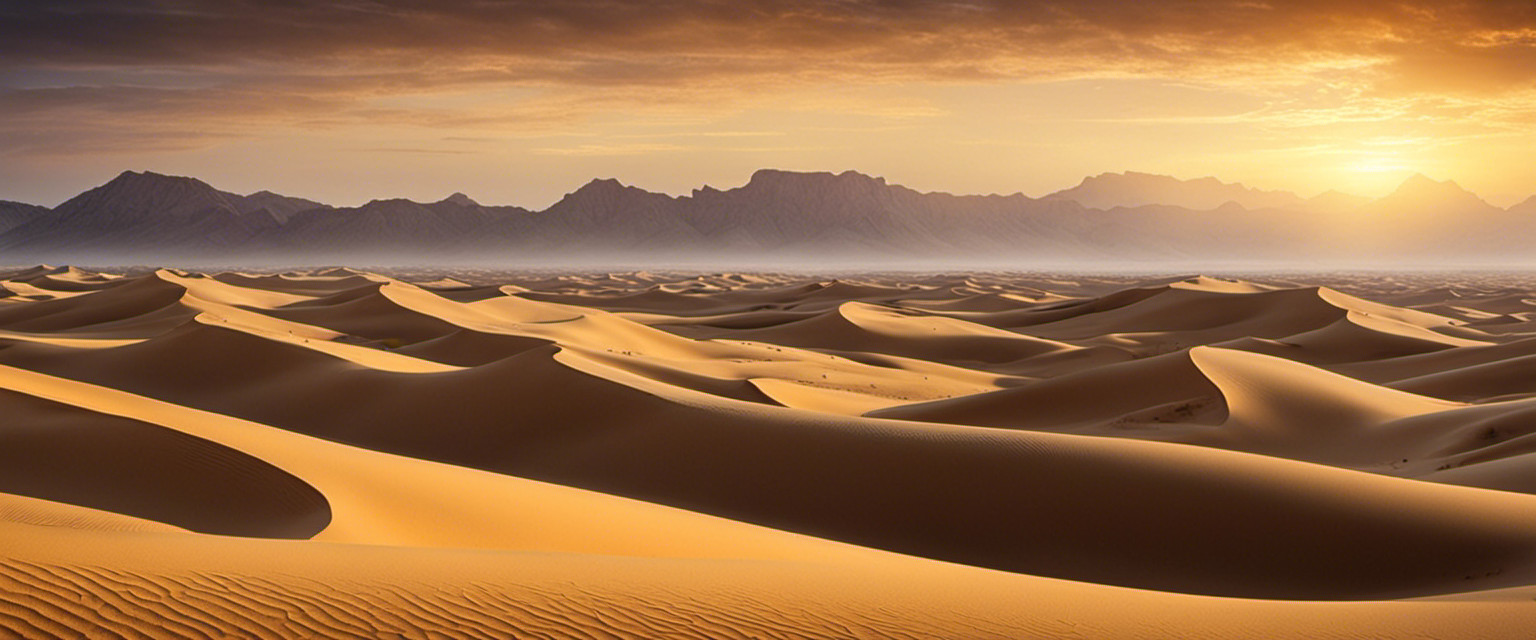 An image showcasing a vast desert landscape with towering sand dunes, seamlessly blending into the horizon