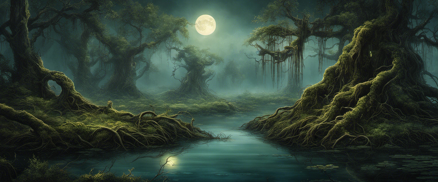 An image that captures the mysterious allure of swamps in ancient myths: a moonlit clearing amidst tangled roots, where ethereal creatures emerge from the mist, entwining their fates with the murky depths