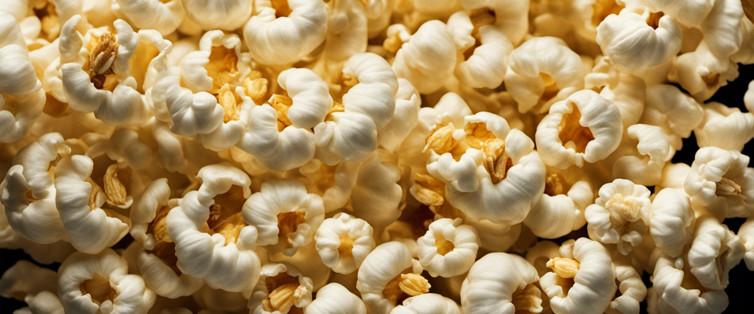 An image depicting a close-up view of a popcorn kernel exploding, capturing the mesmerizing transformation from a small, hard seed to a fluffy, white snack, highlighting the intriguing science that drives this magical process
