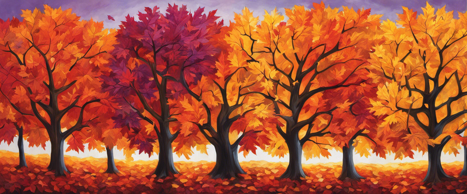 An image capturing the vibrant spectrum of autumn leaves, showcasing a tree with leaves transitioning from fiery reds and oranges to warm yellows and deep purples
