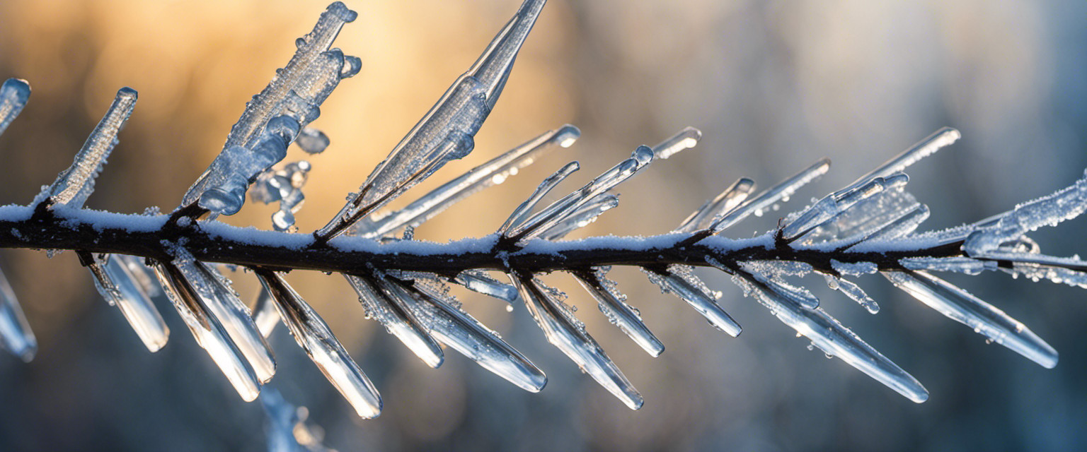 An image depicting intricate ice crystals forming on a branch, as gravity pulls melted water down, freezing into elongated shapes, shimmering in sunlight, showcasing the mesmerizing science behind icicle formation