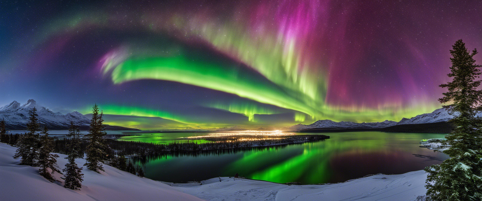 An image depicting vibrant ribbons of electrified gases swirling in the night sky, casting ethereal hues of green, pink, and purple