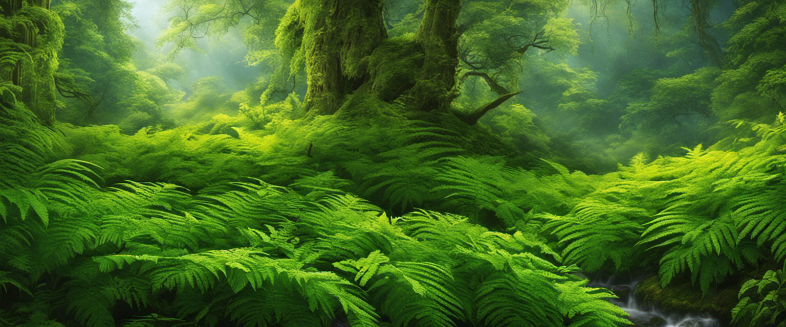 An image showcasing a vibrant soundscape: a gentle breeze rustling leaves, a chirping chorus of crickets, and water droplets cascading off the tips of lush green ferns