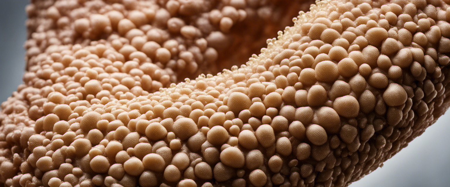 An image showing a close-up of goosebumps forming on the skin of a person's arm, with magnified hair follicles, raised bumps, and tiny muscles contracting, emphasizing the scientific intricacies behind this intriguing phenomenon