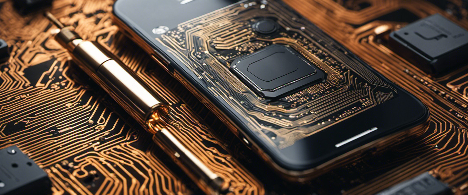 An image showcasing a close-up of a smartphone vibrating on a table, surrounded by intricate circuitry patterns and magnified sound waves