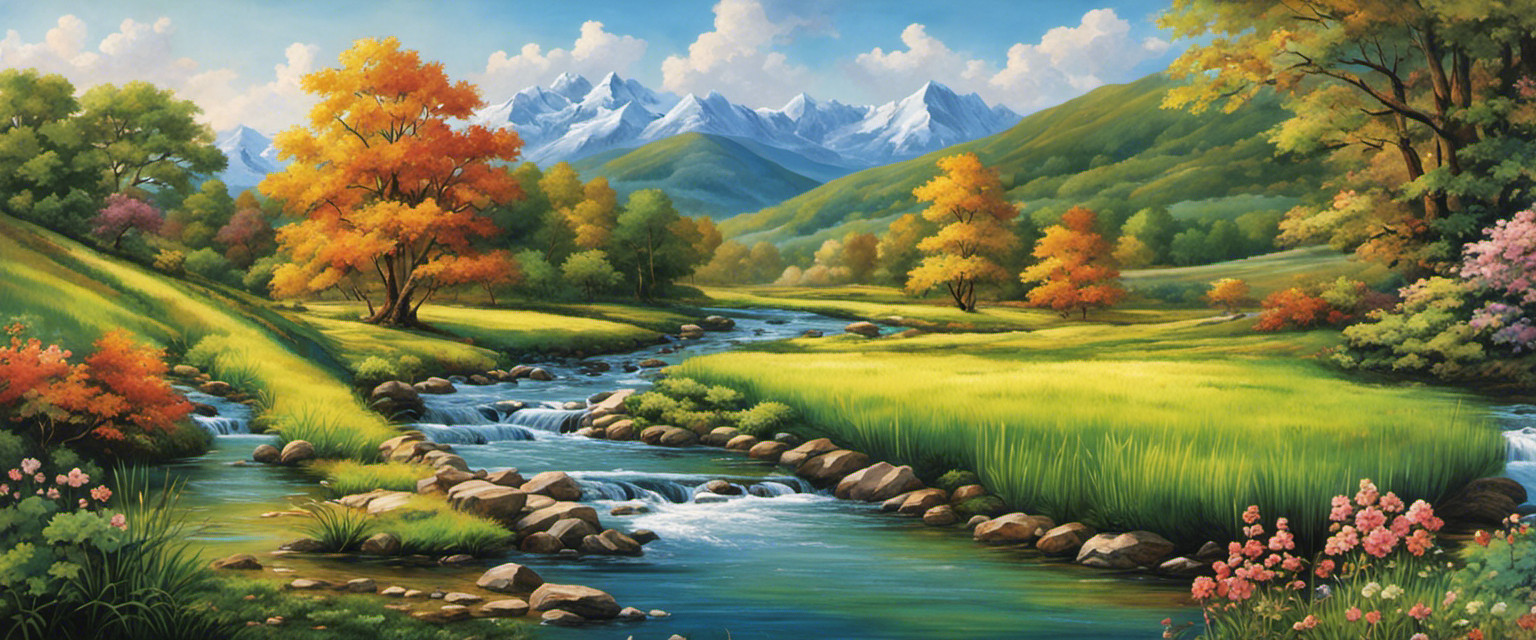 An image of a meandering stream winding through a picturesque landscape, its tranquil waters flowing effortlessly