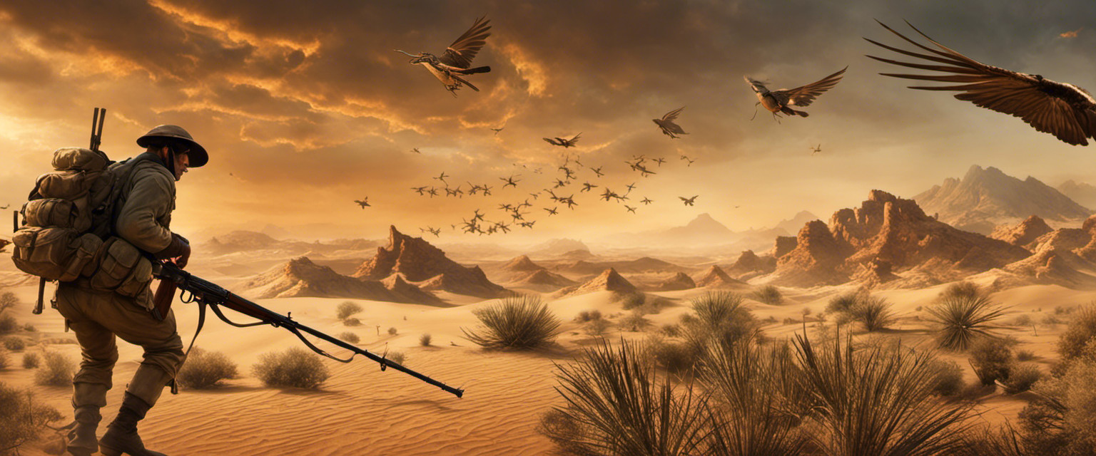 An image showcasing a stopwatch melting on a scorching desert, while a single soldier, holding an antique musket, surrenders to a swarm of buzzing flies