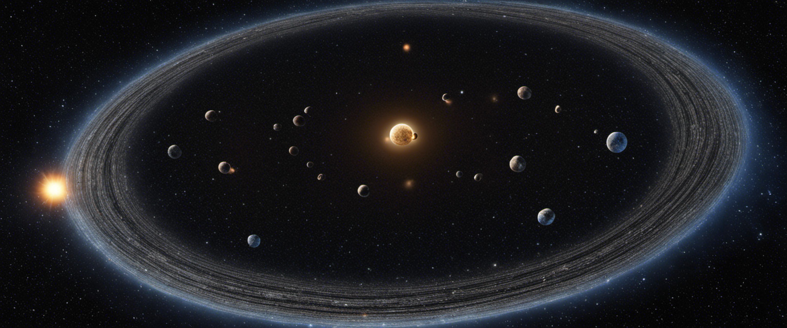An image showcasing the tiniest planet in our galaxy, featuring intricate craters scattered across its surface, an array of minuscule asteroids orbiting around, and a delicate ring encircling it