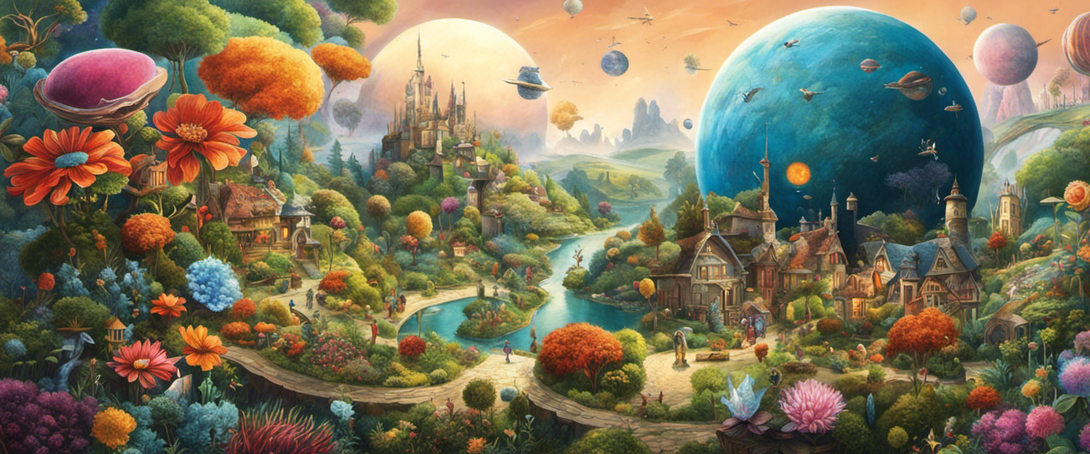 An image depicting a whimsical scene of a minuscule planet, adorned with vibrant flora and inhabited by eccentric characters inspired by literature, showcasing the abundance of trivial knowledge surrounding the tiniest planet's origin