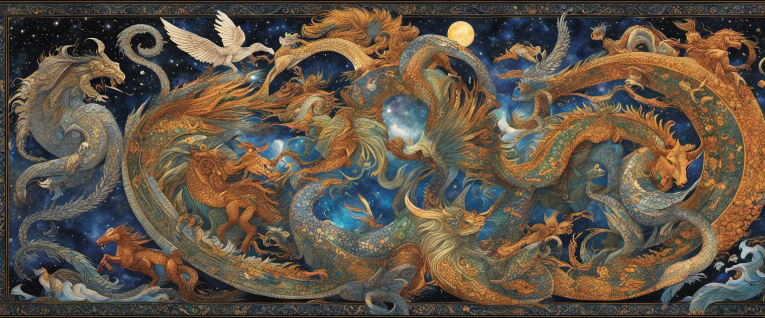 An image showcasing a mosaic of intricate, mythical creatures intertwined within a celestial backdrop, representing the diverse tales of legendary beasts from cultures worldwide