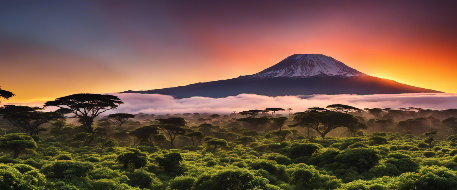 An image capturing the awe-inspiring silhouette of Mount Kilimanjaro, shrouded in a vibrant sunrise glow