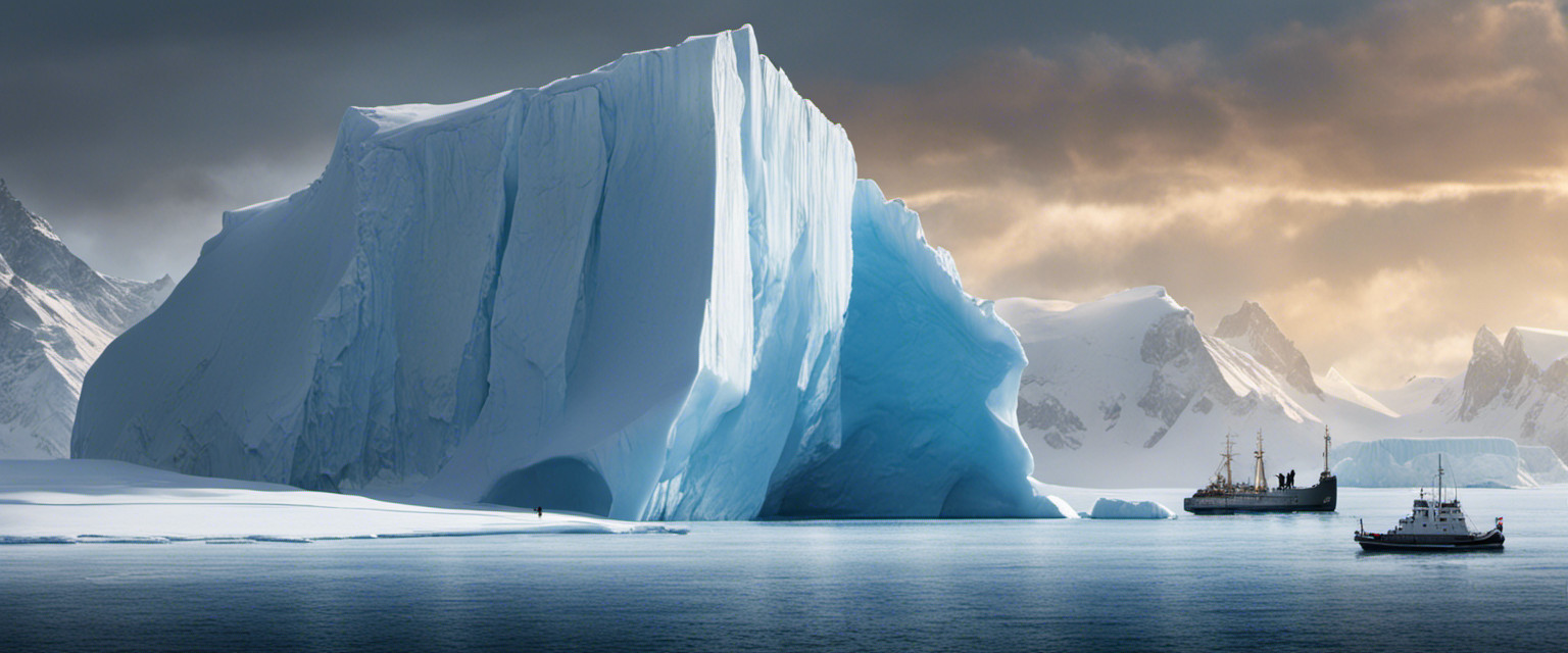 An image depicting a snowy landscape, with an enormous iceberg towering in the background