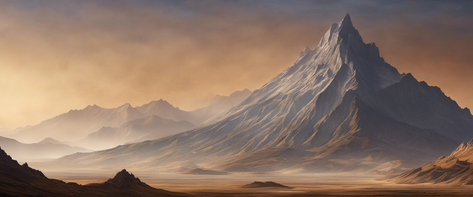 An image depicting the awe-inspiring and barren landscape of Eris, where a towering mountain peaks above the desolate horizon, shrouded in perpetual mist, symbolizing the obscure and seemingly futile knowledge about its enigmatic height