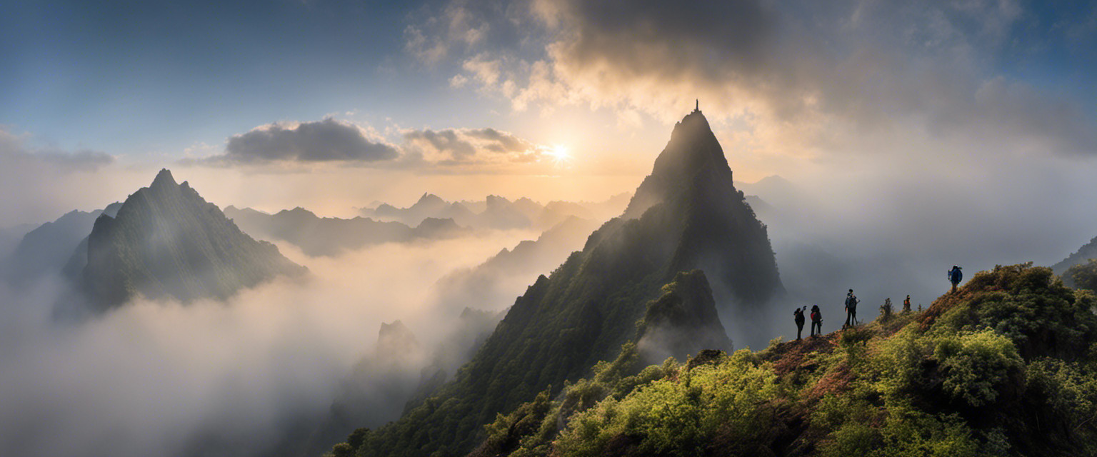 An image depicting the towering peak of Huya, shrouded in mist, its jagged silhouette dominating the landscape