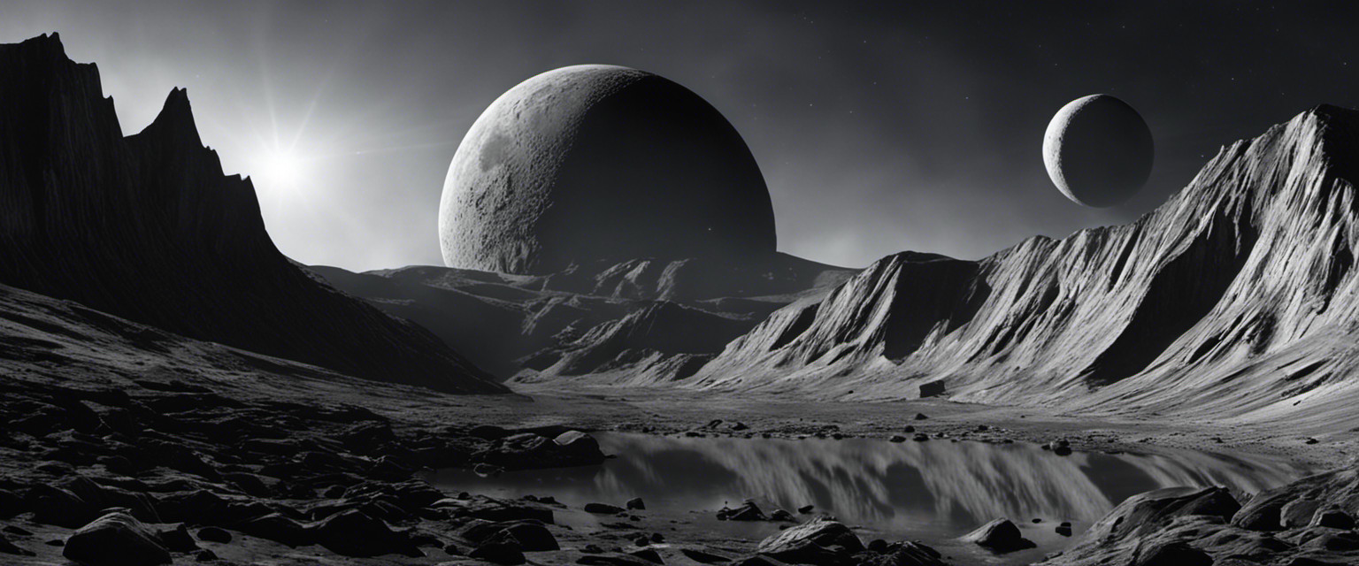 An image showcasing Charon's towering peak on Pluto's moon, adorned with icy cliffs and jagged ridges