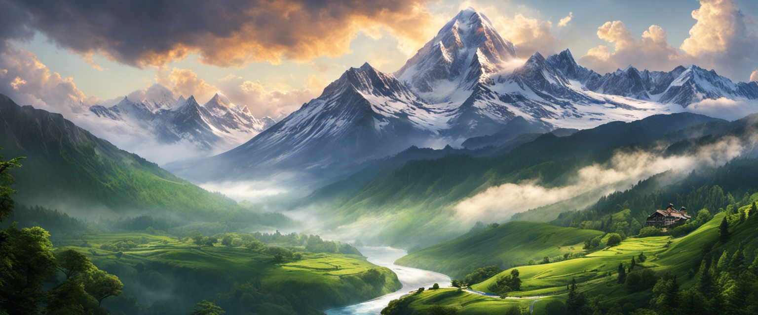 An image capturing the awe-inspiring grandeur of Salacia's tallest mountain, showcasing its snow-capped peak piercing through swirling clouds, while lush green valleys and cascading waterfalls surround its majestic slopes
