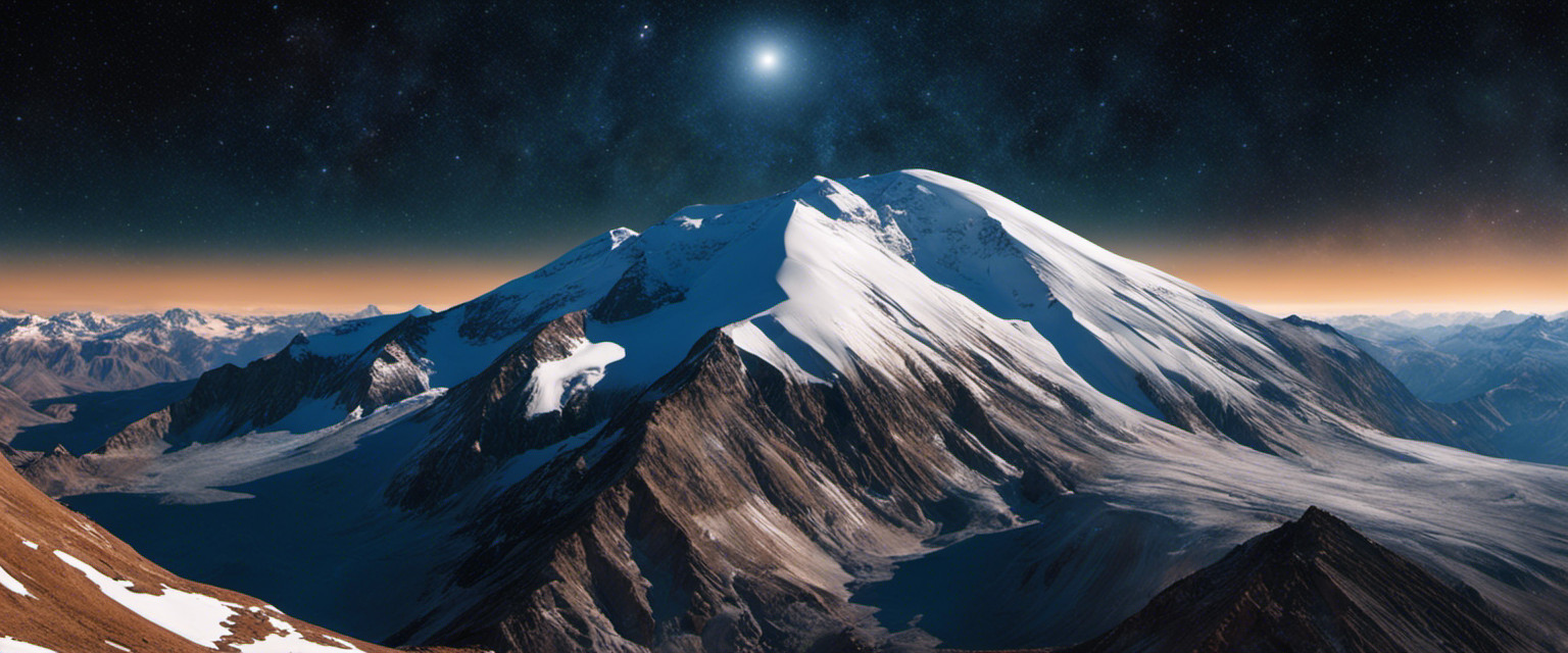 An image showcasing the towering peak of Sedna's tallest mountain, its majestic snow-capped summit piercing through the planet's thin atmosphere