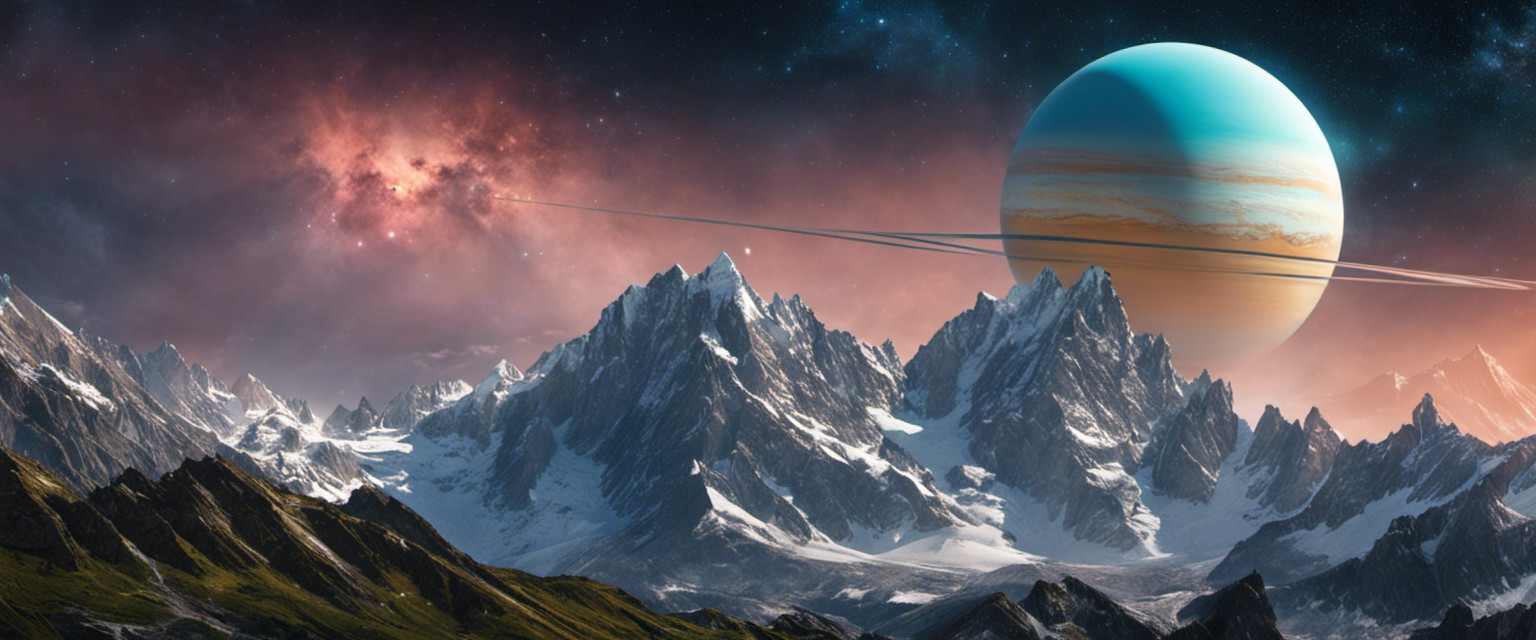 An image that showcases the towering majesty of Uranus' tallest mountain, its peak shrouded in ethereal clouds, while intricate rings orbit the planet, imbuing the scene with celestial grandeur