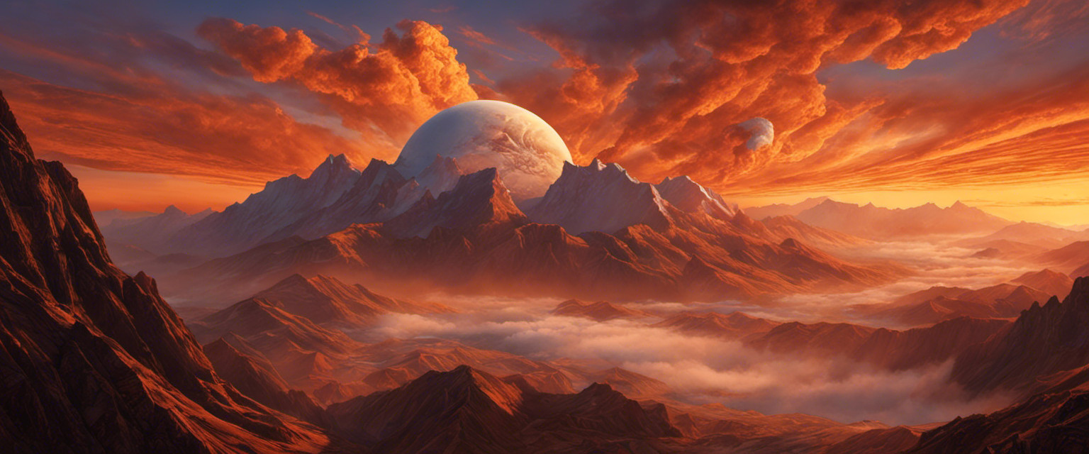 An image showcasing Venus with its towering mountain in the background, covered in swirling orange clouds