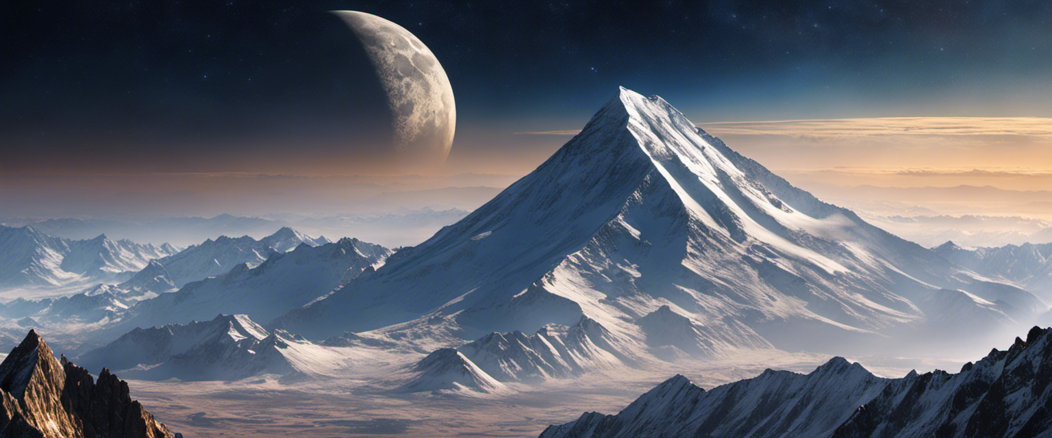 An image depicting the towering majesty of the tallest mountain beyond Earth, its jagged peak piercing through a thin atmosphere, surrounded by vast lunar plains, giving a sense of its isolated and barren existence