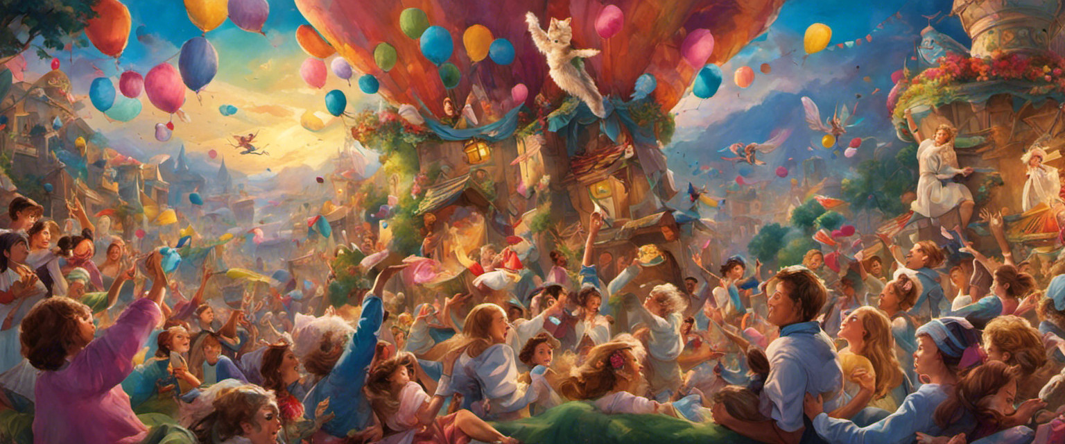 An image depicting a whimsical pillow fight scene: feathers dancing in the air, pajama-clad participants wielding colorful pillows, and a mischievous cat perched on a towering pillow fort