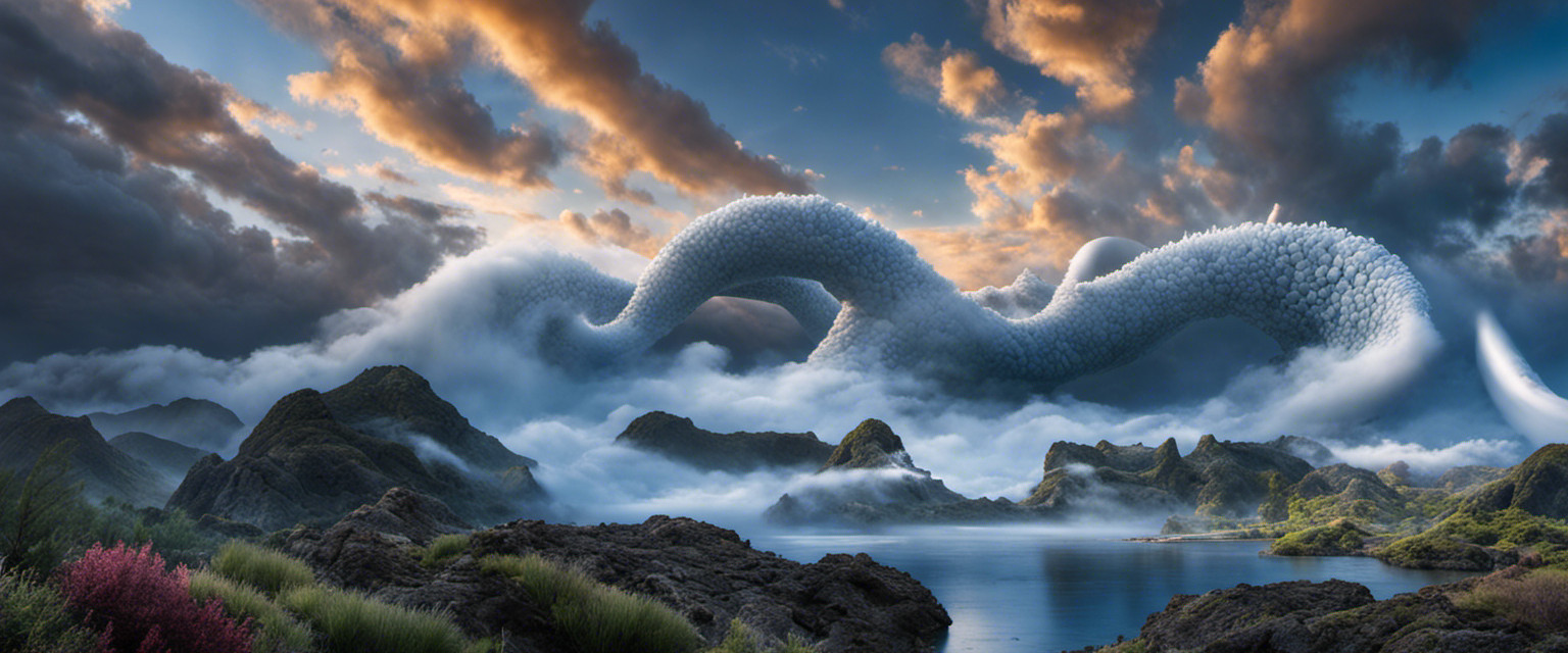 An image showcasing the ethereal beauty of animal-inspired clouds, featuring intricate formations like the graceful "Mare's Tail," the whimsical "Elephant Trunk," and the elusive "Whale's Mouth