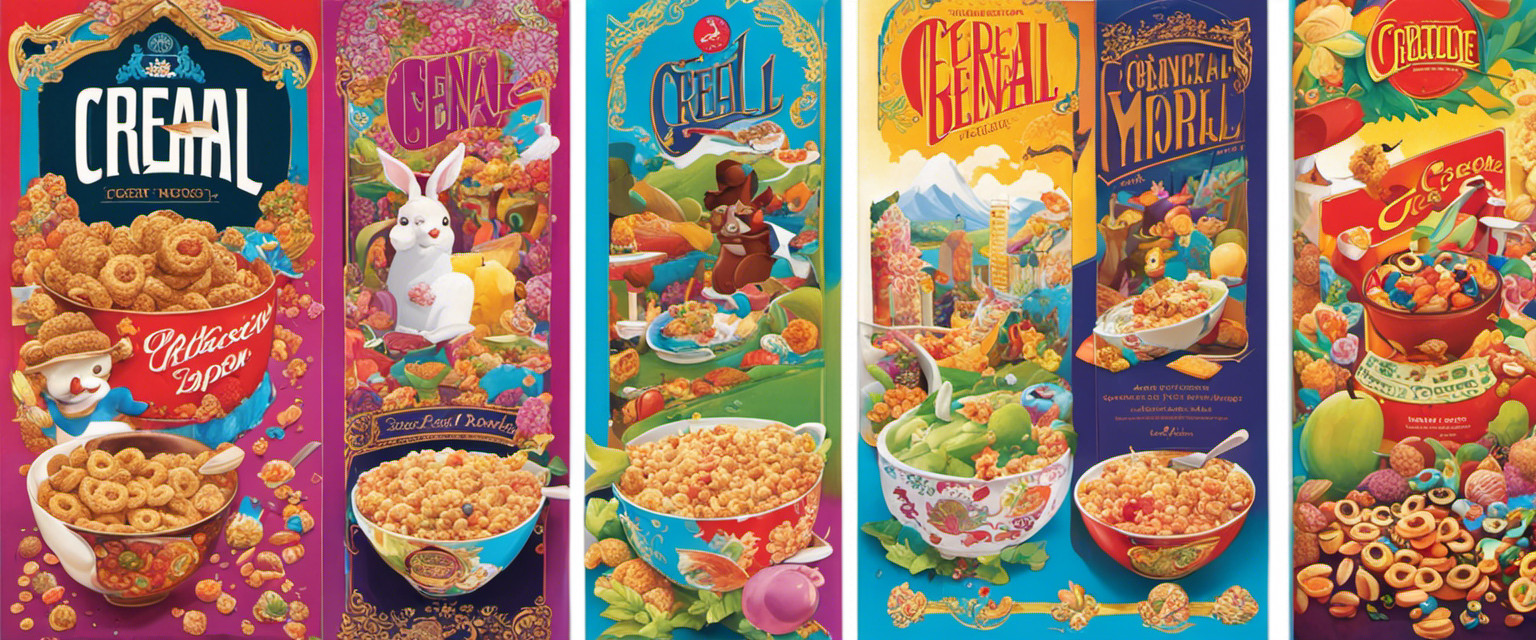 An image showcasing an array of cereal boxes, each boasting unique designs