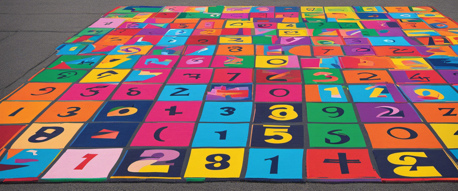 An image featuring a vibrant hopscotch board, where each numbered square is meticulously filled with extravagant designs and patterns